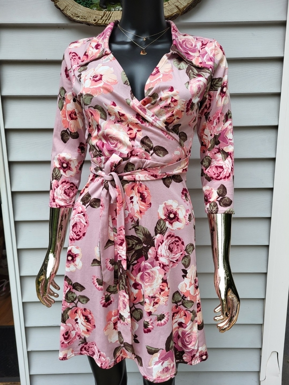 Star Vixen floral knit wrap dress v-neck and three-quarter sleeves| S